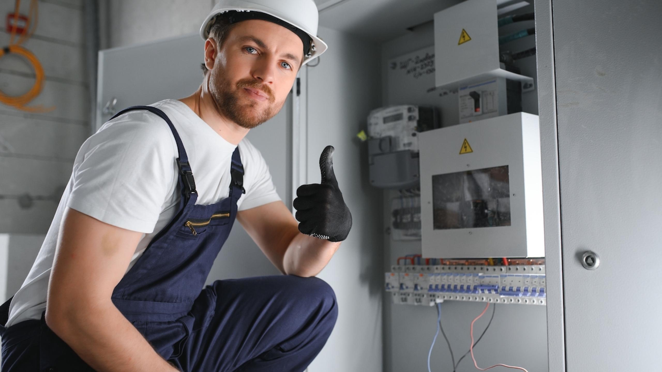 Jonge elektricien met duim omhoog voor elektrische installatie.